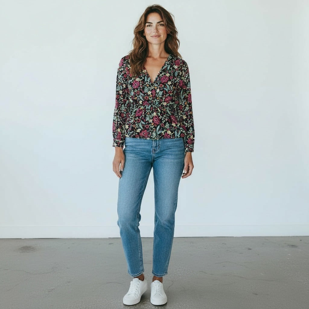 Black base with Multicolor Floral Print (pink, teal, cream, green) Gimmicks Floral Surplice Long Sleeve Top, Large